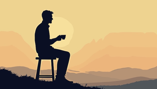 Vector silhouette of a man holding a cup at sunrise seated in a mountainous landscape