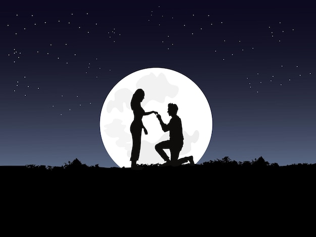 A silhouette of a man kneeling to a woman on top of a mountain with the moon and blue sky as a background.