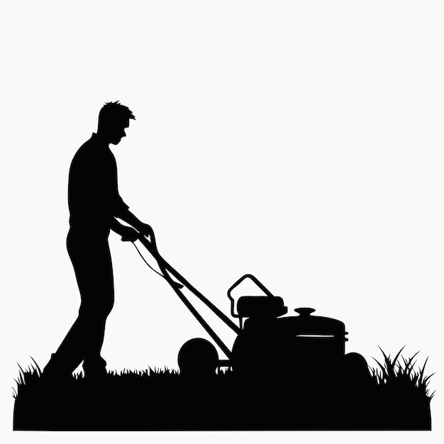 a silhouette of a man mowing grass with a white background