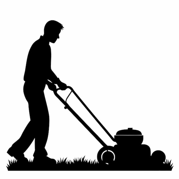 a silhouette of a man mowing a lawn with a lawn mower