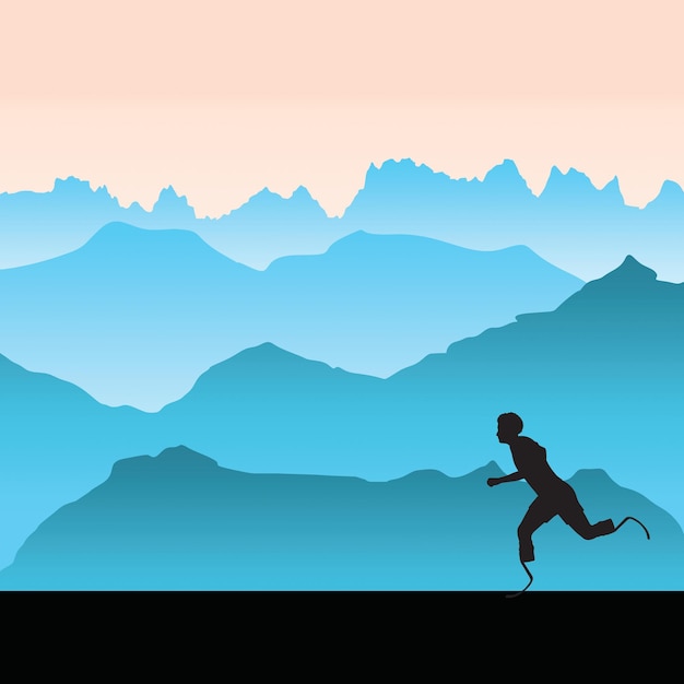 Silhouette of a man in a prosthetic leg running with mountains in the background