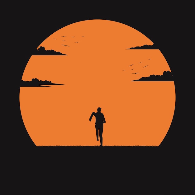 Silhouette man run to the sunset