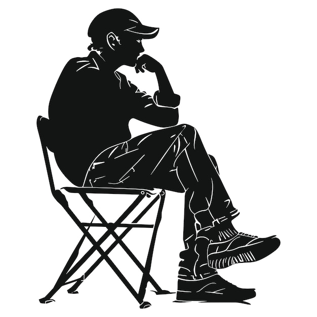 Silhouette of a man sitting on a folding chair thinking contemplation relaxation resting