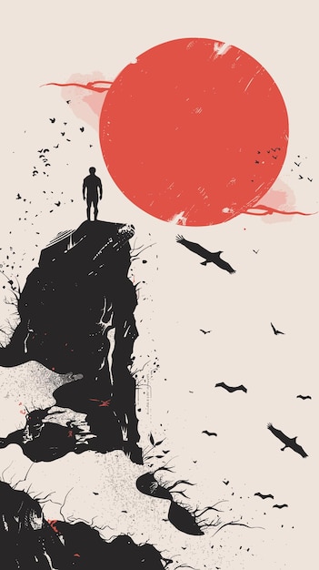 Silhouette of a man standing on the edge of a cliff with a large red sun in the background