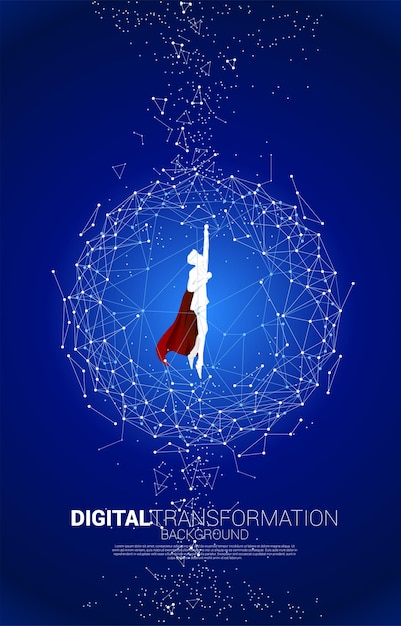 Silhouette of man in superhero suit flying with Polygon dot connect line shaped sphere . Concept for business digital transformation