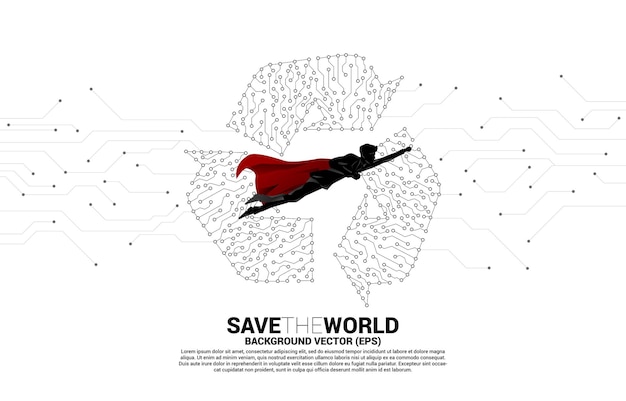 Silhouette of man in superhero suit flying with Recycle icon from dot connect line circuit board background for take care and save the environment