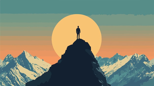 Vector silhouette of a man on top of a mountain peak