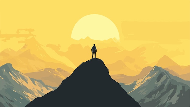 Vector silhouette of a man on top of a mountain peak