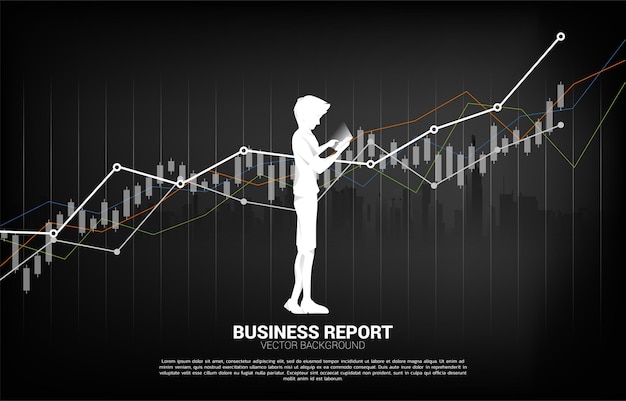 Silhouette of man use mobile phone with report graph.