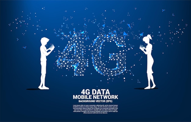 Silhouette of man using mobile phone with Polygon dot connect line shaped 4G mobile network. Concept for mobile phone data sim card technology.