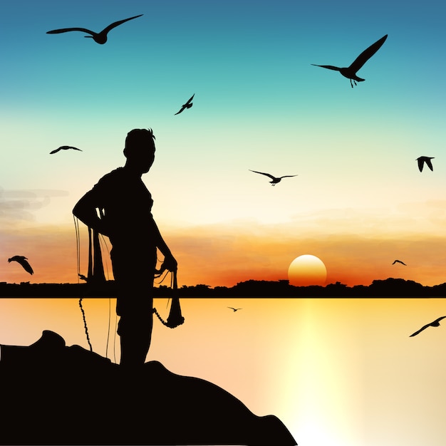 Silhouette of man waiting to catch the fish in twilight.