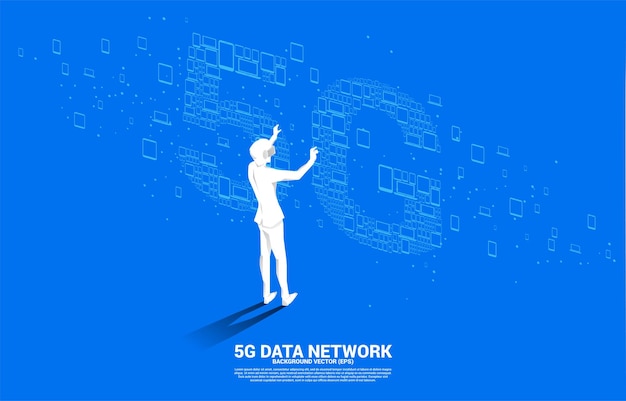 Silhouette man wear VR glasses and 5G Data technology from device icon Concept for mobile telecommunication global network