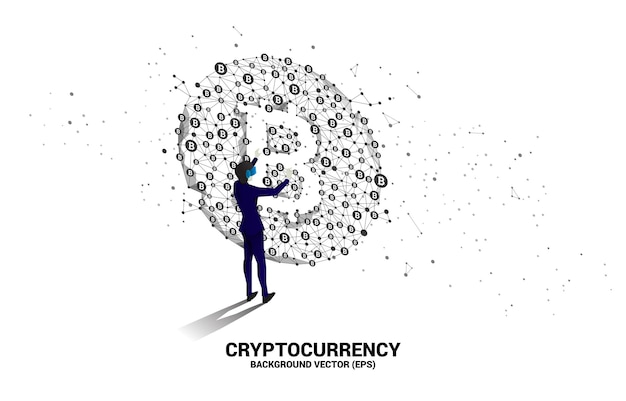 Silhouette man wear VR glasses with bitcoin icon from Polygon dot connect line Concept for cryptocurrency technology and financial network connection