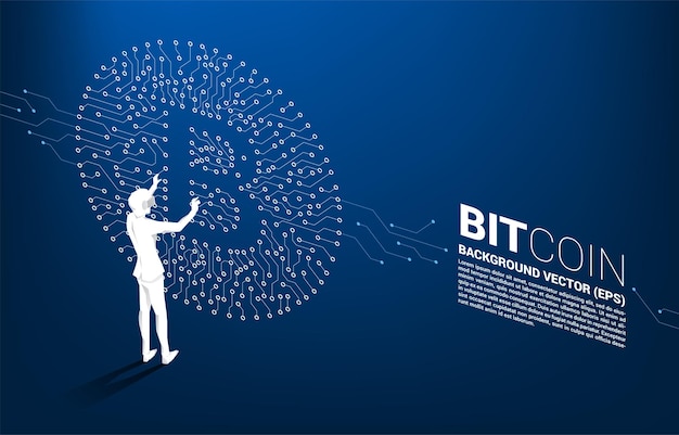 Silhouette man wear VR glasses with circuit board style dot connect line Concept for cryptocurrency technology and financial network connection