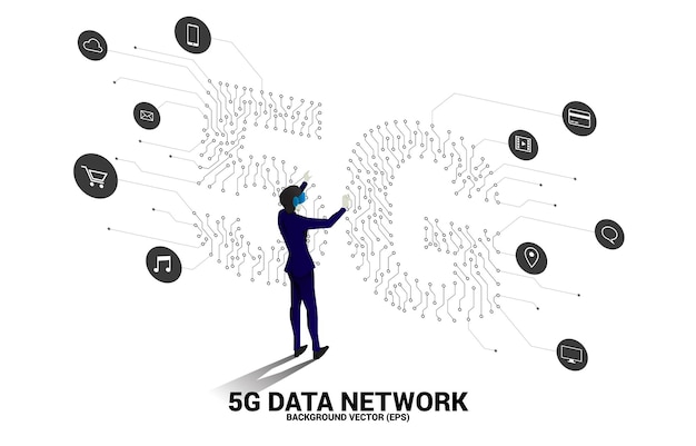 Silhouette man wear VR glasses with circuit board style shaped 5G mobile networking Concept of digital virtual reality technology and AR