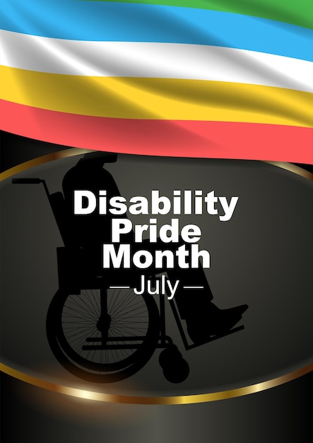 Silhouette of a man in a wheelchair with Disability Pride Month flag as decoration