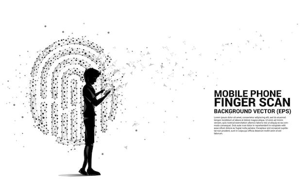 Silhouette man with mobile phone standing with thumbprint icon from dot connect line polygon. concept for finger scan technology and privacy access.