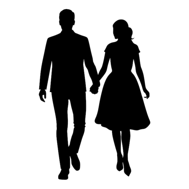 a silhouette of a man and a woman holding hands and a man in a suit holding hands