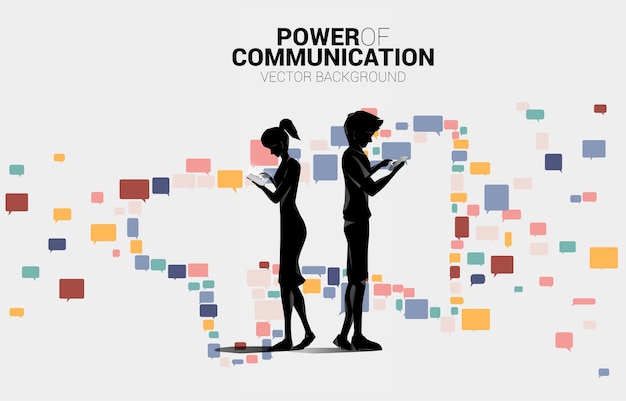 Silhouette of man and woman standing with Big Megaphone from small bubble speech icon Concept for power of comment and communication