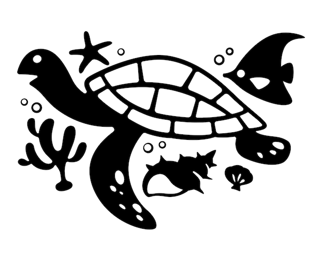 Silhouette of marine animals united Sea turtle fish coral shellfish starfish black cute design illustration on white background