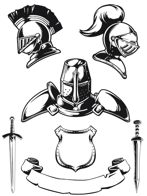 Silhouette medieval knight helmet engraving isolated outline set