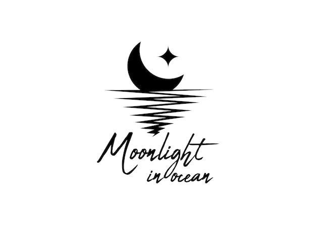 Silhouette Moon with Star Scenery on the Sea logo design