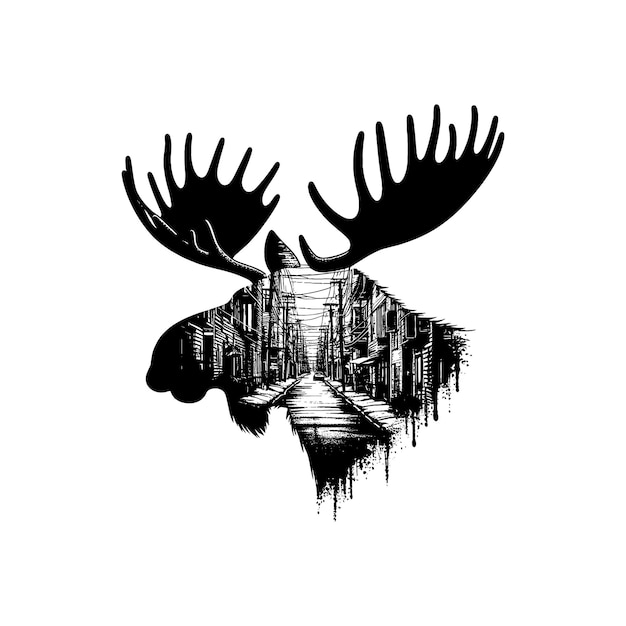 silhouette of Moose filled with ghetto street in rough drawing