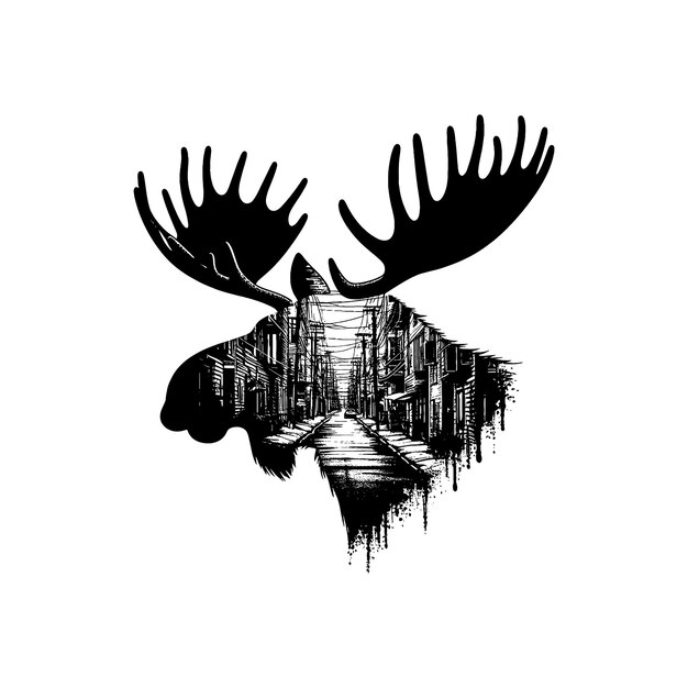 Vector silhouette of moose filled with ghetto street in rough drawing