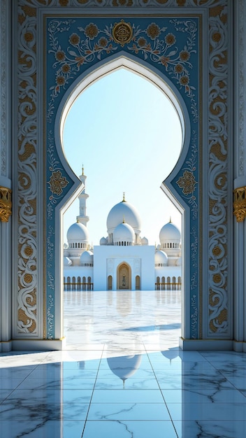 Silhouette of a mosque framed by ornate archway