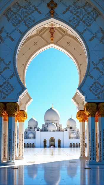 Silhouette of a mosque framed by ornate archway