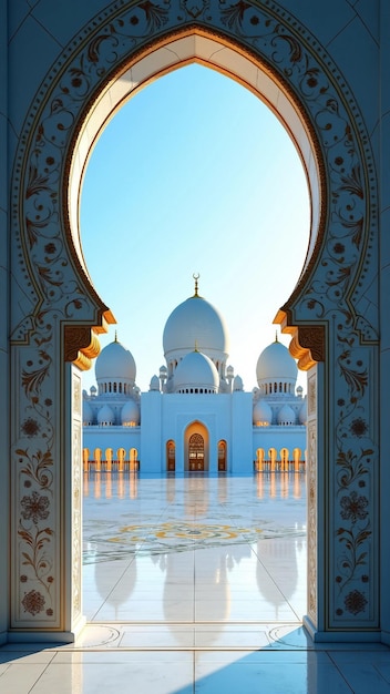 Silhouette of a mosque framed by ornate archway