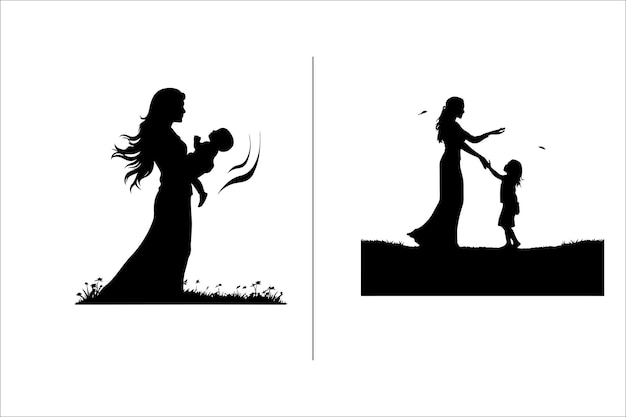 Silhouette mother with a Daughter mother with a son Vector illustration for Mothers Day