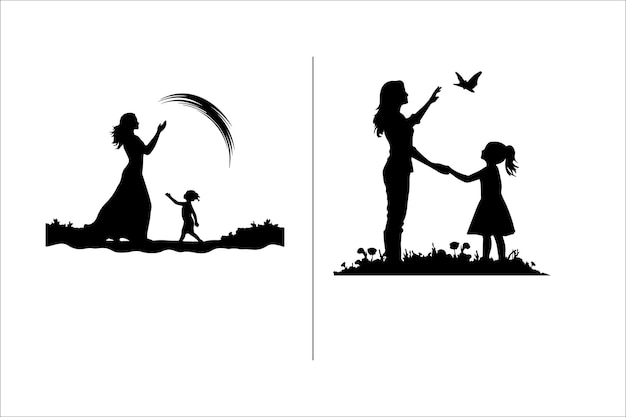 Silhouette mother with a Daughter mother with a son Vector illustration for Mothers Day