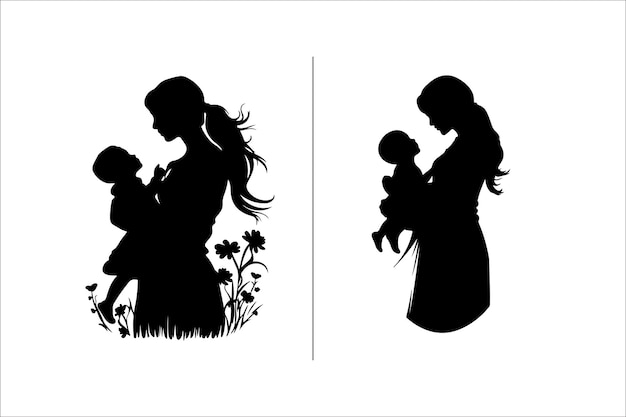 Silhouette mother with a Daughter mother with a son Vector illustration for Mothers Day