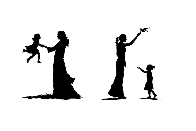 Silhouette mother with a Daughter mother with a son Vector illustration for Mothers Day