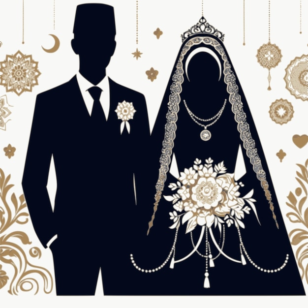 silhouette of a Muslim wedding couple on a white background