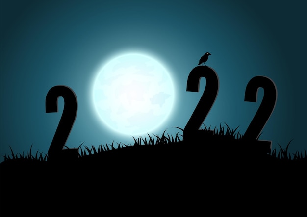 Silhouette of numbers 2022 mountains with moon illustrator vector