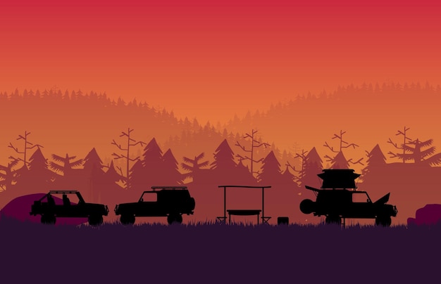 Silhouette off road vehicle camping with forest mountain landscape on orange gradient