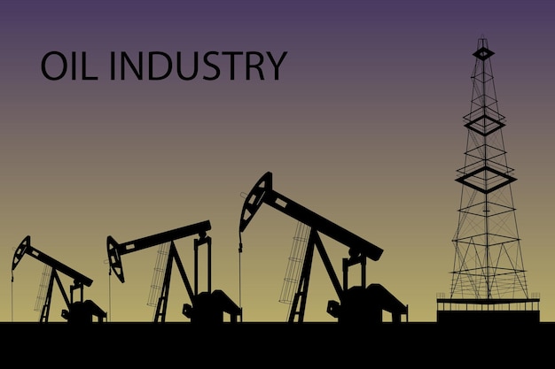 Silhouette of oil or gas drilling rigs on a sunset background. Oil industry. Vector illustration.