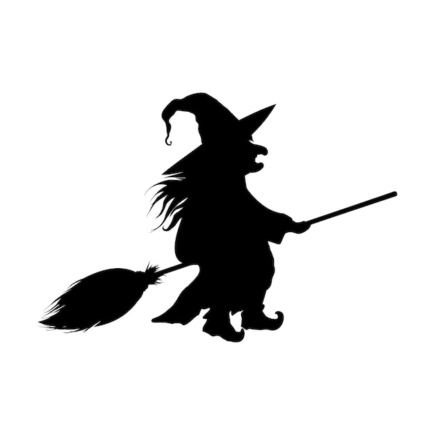 Silhouette of old witch flying on a broomstick