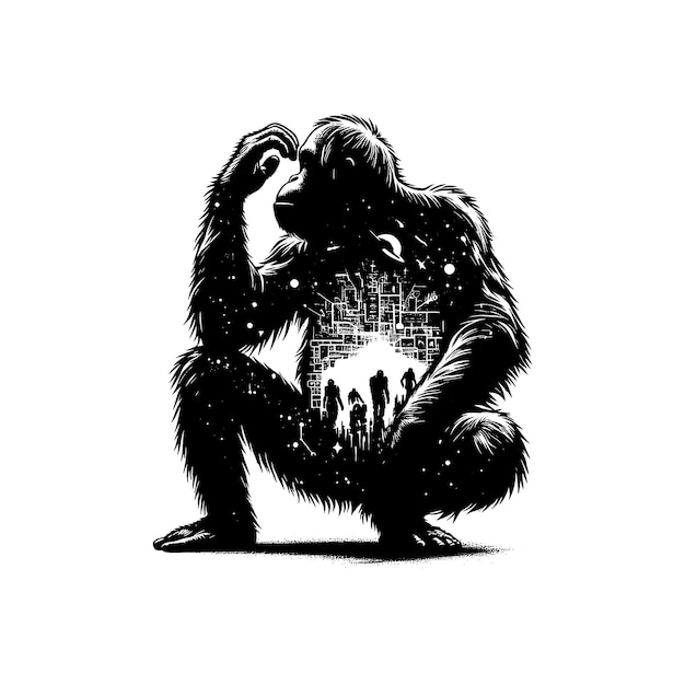 Vector silhouette of orangutan filled with space and scifi element in rough drawing