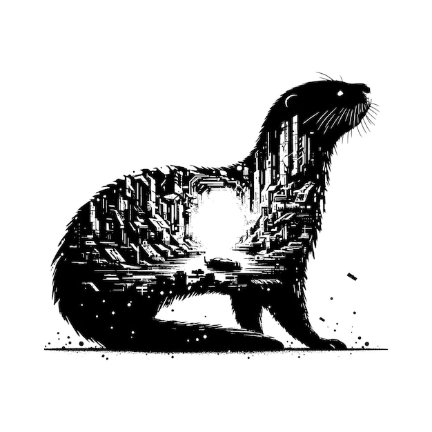 Vector silhouette of otter filled with destroyed futuristic dystopia environment in rough drawing