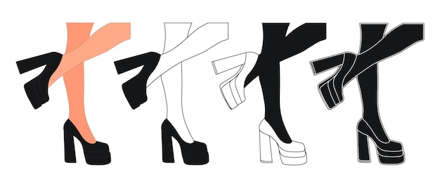 Vector silhouette outline of female legs in a pose shoes stilettos high heels walking standing running