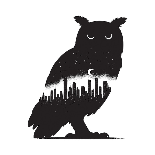 Vector silhouette of owl filled with cityline in rough drawing