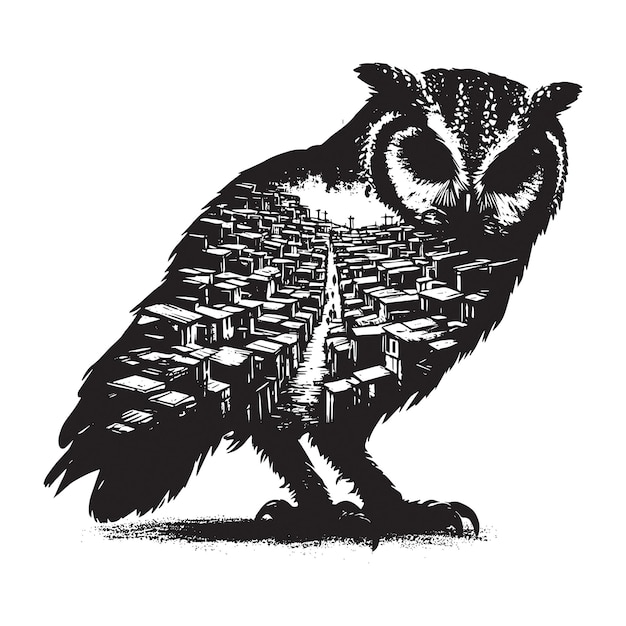 Vector silhouette of owl filled with ghetto street in rough drawing