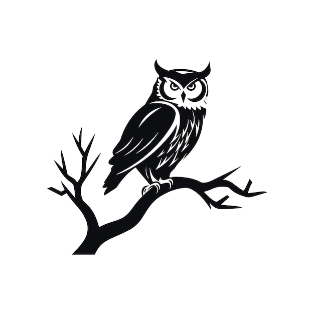 A silhouette owl on tree black and white logo vector art clip