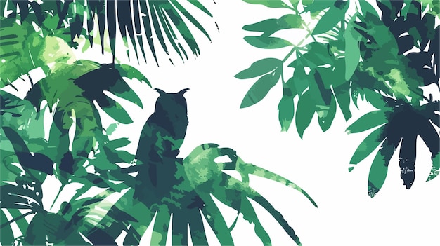 Vector silhouette of owl on tropical leaves background