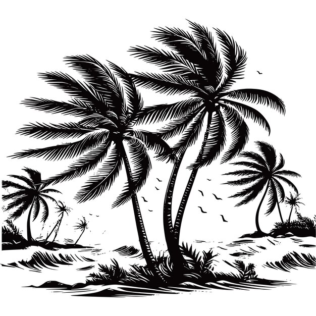 Silhouette palm trees set different Miami palms hand drawn