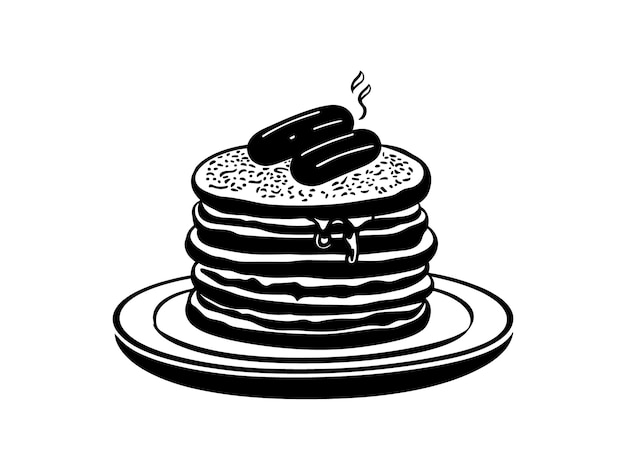 Vector silhouette of pancake stack with sausages breakfast food illustration for culinary designs