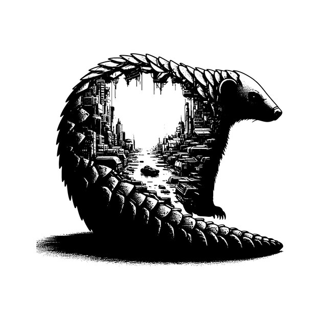 Vector silhouette of pangolin filled with destroyed futuristic dystopia environment in rough drawing